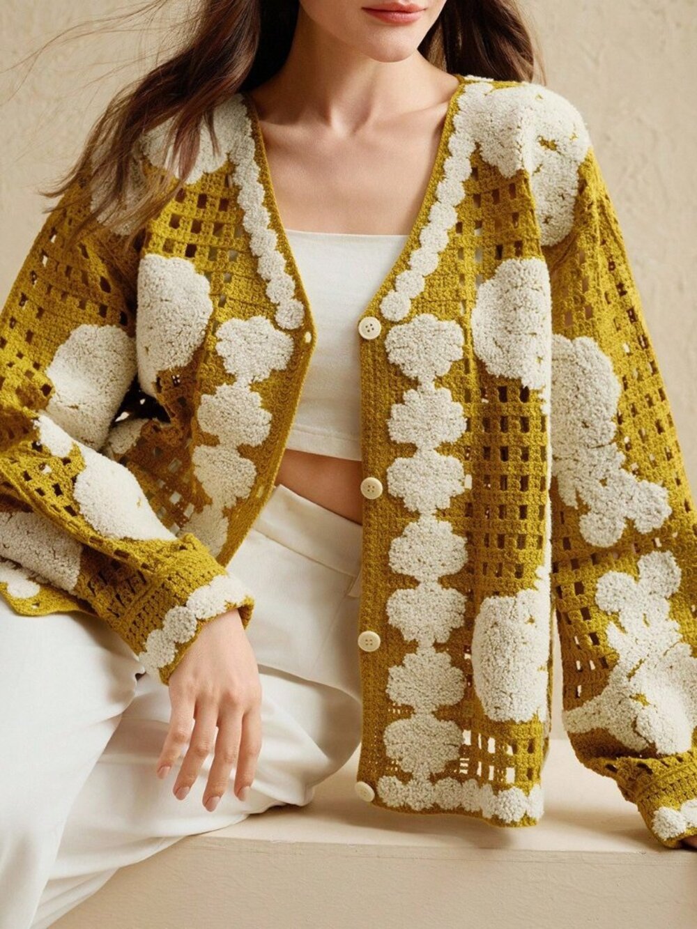 Yellow Casual Women's Long Sleeve Single-Breasted Hollow Out Knitted Cardigan